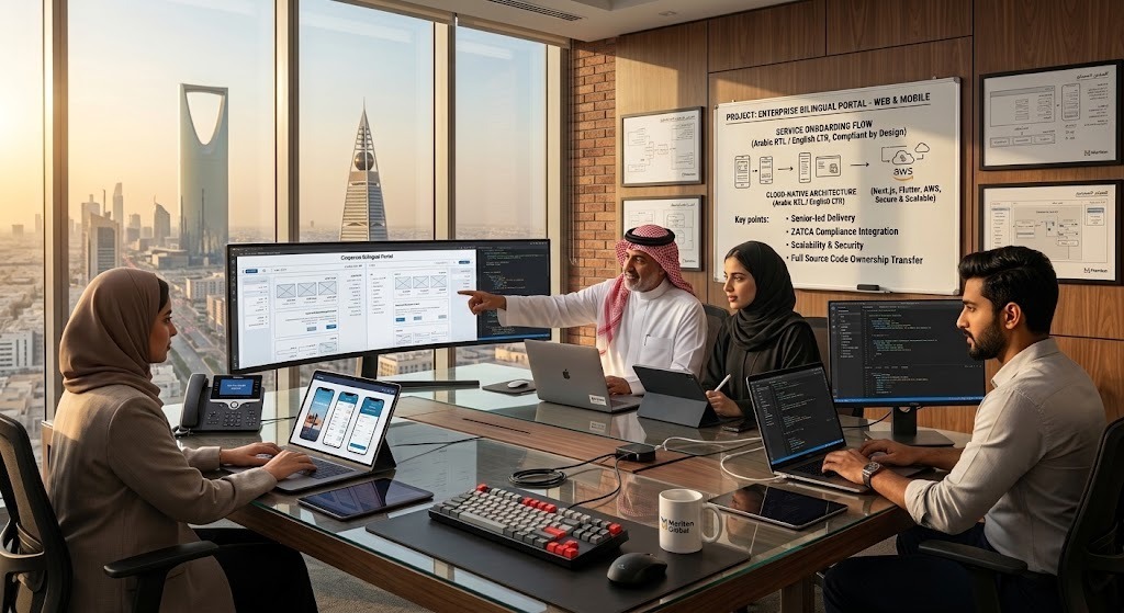 A Meriton Global delivery team reviewing a bilingual web and mobile portal in a Riyadh office, with the project architecture on the whiteboard behind them
